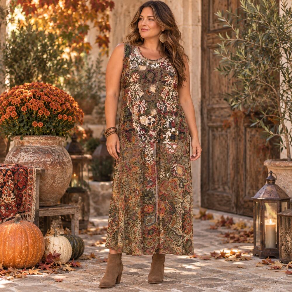 Johnny Was Bitola Mesh Dress Sleeveless Embroidered Floral Design Size XXL